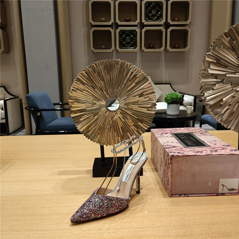 J1m*y Ch00 Crystal Chain Heeled Sandals