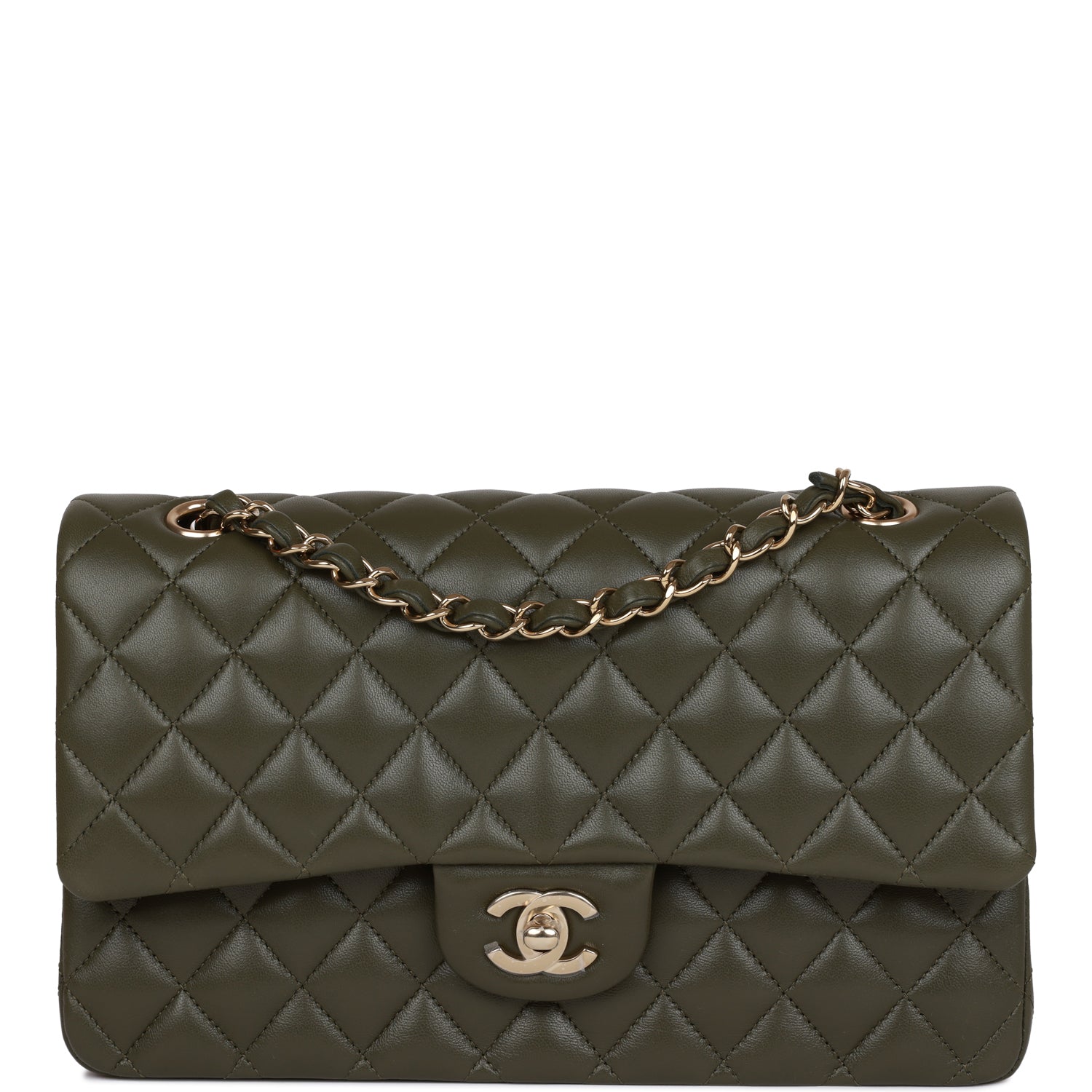 Ch**el Medium Classic Double Flap Bag Olive Calfskin Light Gold Hardware